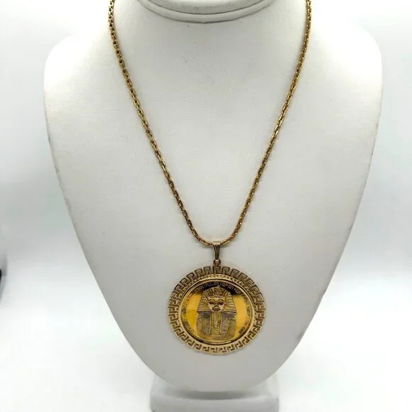 Tutankhamun Gold-tone Coin Pendant Necklace Egyptian Symbols & Greek Key Border - Picture 9 of 14